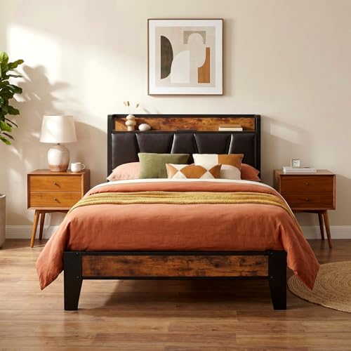 Image of LIKIMIO Twin Bed Frame, Storage Headboard with Charging Station, Solid and Stable, Noise Free, No Box Spring Needed, Easy Assembly (Vintage and Black)
