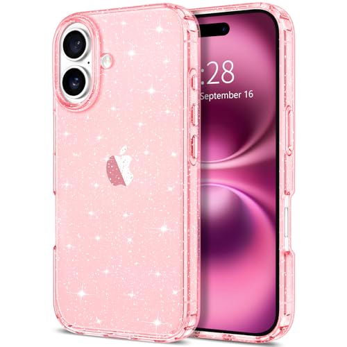 Hython for iPhone 16 Case Glitter, Clear Glitter Sparkly Shiny Bling Sparkle Cute Cover, Anti-Scratch Soft TPU Thin Slim Fit Shockproof Protective Phone Cases for Women Girls, Pink Glitter