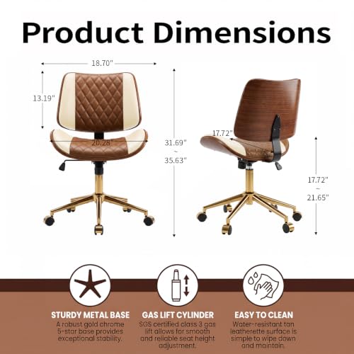 FervorFurn Armless Office Chair with Back, Mid Century Modern Walnut Style Desk Chair, No Arms Leather Computer Chair for Home Office, Vanity Chair, Seat-Rocking, Adjustable Height (Brown+Beige) - image 2
