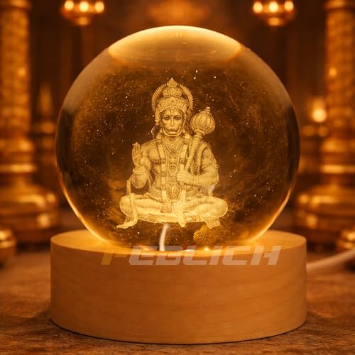 Image of 3D Hanuman Crystal Ball Night Lamp, Solar System Hanuman Crystal Ball Night Light, USB Table Colorful Led Wooden Crystel Ball for Home, Office, Birthday Gift (Hanuman)
