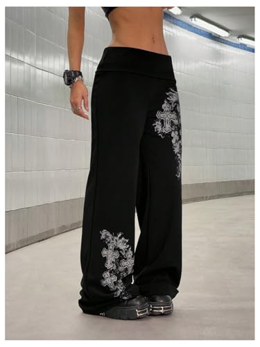 Women's Cross Print Drop Waist Pants Grunge Punk Wide Leg Casual Trousers3