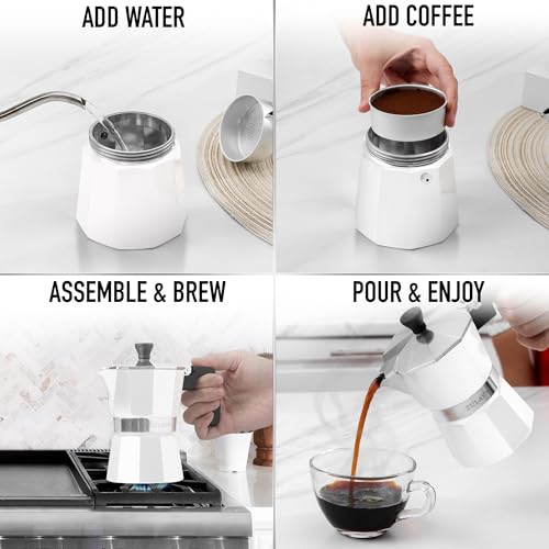 Zulay Moka Pot Espresso Stovetop Coffee Maker - Leak-Proof, Stainless Steel, Easy to Clean, Heat Resistant Handle & Knob - for Authentic Cuban & Italian Style Espresso - Makes 12 Espresso Cups - White