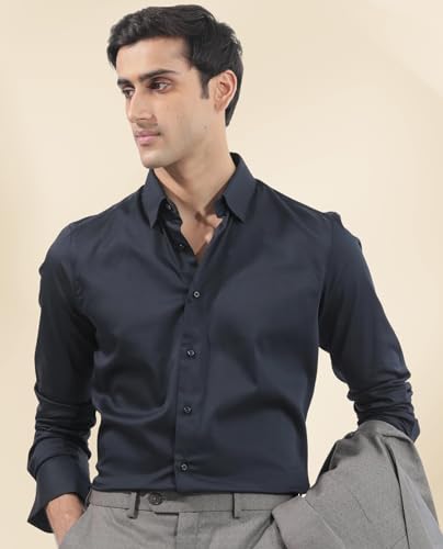 Image of IndoPrimo Men's Satin Shirt with Spread Collar Neck Line Solid Pattern Full Sleeves Regular Fit Western Style and Standard Length