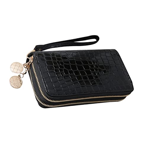 Portable Pu Leather Long Zipper Wallet for Women Large Capacity Black Patent Leather Purse with Multi Slots for Cards Cash Coins and Phones