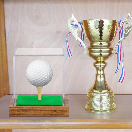 Image of Hooqict Golf Ball Display Case Clear Acrylic Golf Ball Case Display with Wood Base & Tee Ball Holder Stand UV Protected Square Cube Box Single Ball Storage Golfball Collections