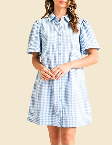 Image of Womens Short Sleeve Button Down Mini Shirt Dress Lapel Collar Short Dresses with Pocket