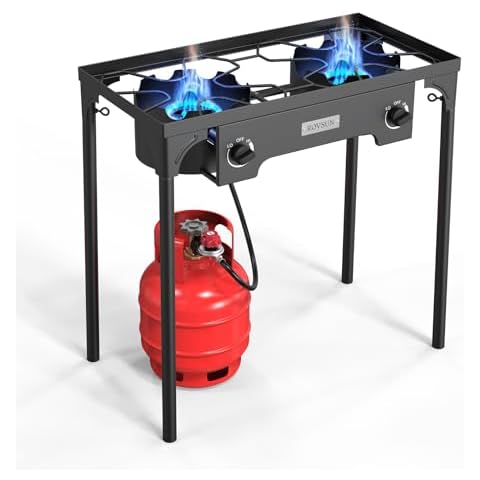 ROVSUN 2 Burner Outdoor Propane Gas Stove 150,000 BTU High Pressure Stand Cooker for Backyard Cooking Camping Home Brewing Canning Turkey Frying, 20 PSI Regulator Cover