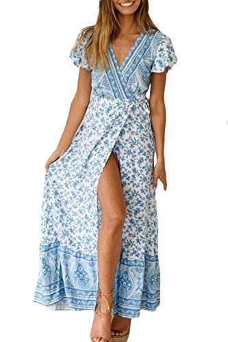 Onsoyours Mujer Bohemio Largo Vestido Verano Floral Manga Corta Cuello V Talla Split Wrap Noche Fiesta Playa Vacaciones Maxi Vestidos A Azul Claro 38