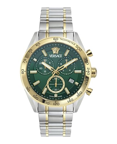 Versace V-Code Chrono Collection Luxury Mens Watch Timepieces with a Two Tone Bracelet and Case Featuring a Green Dial
