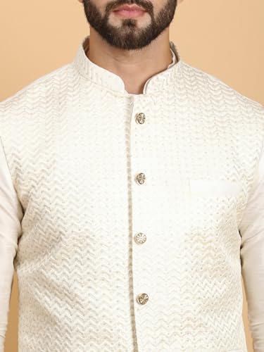 Image of Ethluxis Men Silk Blend Kurta Jacket Set with Mandarin Collar