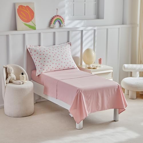 Image of DuShow Toddler Bedding Set for Girls,4 Piece Bed-in-a-Bag Toddler Comforter Sets,Pink Heart Crib Bedding Sheets Set,Include Quilt Comforter,Flat Sheet,Fitted Sheet,Pillowcase