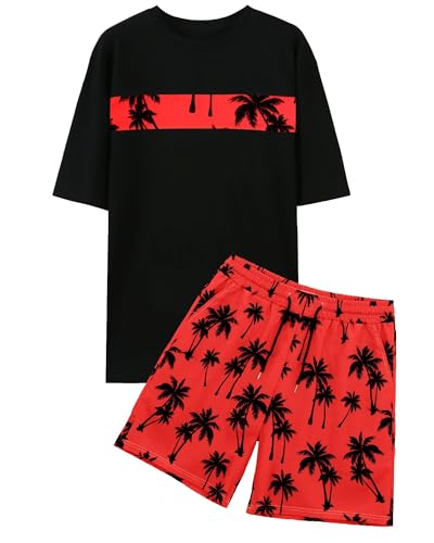 VahRuta Mens 2 Piece Summer Outfits Beach Vacation Outfit Hawaiian Coconut Printed Tee and shorts Set - Main Image