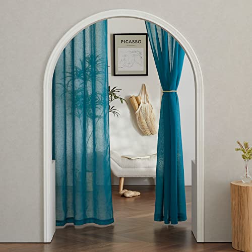 NICETOWN Semi Sheer Curtains Flax Linen Texture, (Peacock Green) Grommet Retro Window Treatment Linen Weave Vertical Drapes Privacy with Light Filter for Living Room, 2 Panels, W52 x L84