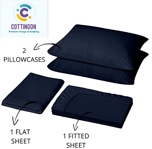 Image of Cottingon 4 PC Split /Flex Top King Sheets Sets for Adjustable Beds, Luxury Microfiber Half Split King Sheets for Sleep Number Beds fits 15 to 18 Inch Deep Mattress, Navy Blue