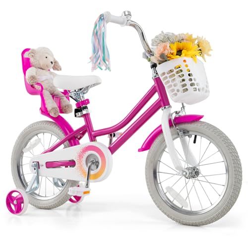 Image of BABY JOY Girls Bike with Streamers & Doll-Seat, Kids Bike for 3-8 Years Old | 12 14 16 18 20 Inch Children Bicycle w /Detachable Training Wheels or Kickstand, Storage Basket, Adjustable Seat and Handlebar