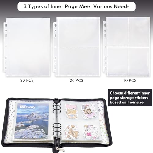 Image of A5 Sticker Organizer Binder with Zipper Closure, Reusable Sticker Storage Album with Pockets, Perfect for Collecting, Organizing, and Displaying Stickers (Star-Black)