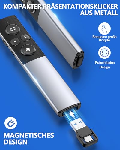 Presenter Kabellos, 2 in 1 USB und Typ-C-Empfänger Pointer für Präsentationen, Wiederaufladbare 2.4 GHz Presentation Clicker mit Fensterumschaltung/Hyperlink für Windows/Linux/Android/PowerPoint