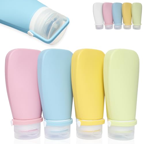 FAMOCA 4 Botes Viaje Rellenables 100ml De Silicona Con Cierre De Seguridad Libres De BPA - Botes Para Gel Y Champu Para Hombre Y Mujer - Botes Rellenables Viaje, Gimnasio, Con Etiquetas (4 COLORES)