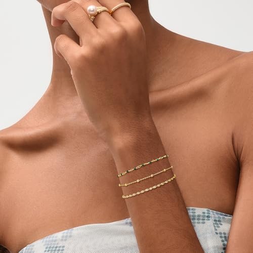 MEVECCO Dainty Gold Beads Bracelets,18K Gold Plated Handmade Cute Rose Red Zircon Bead Chain Minimalist Bracelet for Women Jewelry Gifts3