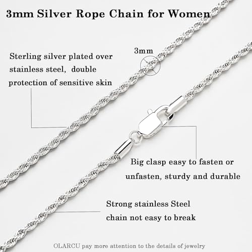 3mm Sterling Silver Plated Over Stainless Steel Rope Chain Necklace Jewelry for Women3