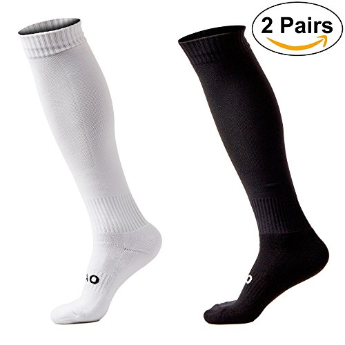NALITARE 2 Pairs Cushioned Support Football Socks Non Slip Long Compression Sock High Elastic Breathable Soccer Hockey Tube Running Sports Socks - Mens &Womens UK 6.5-9.5 (Black/White)
