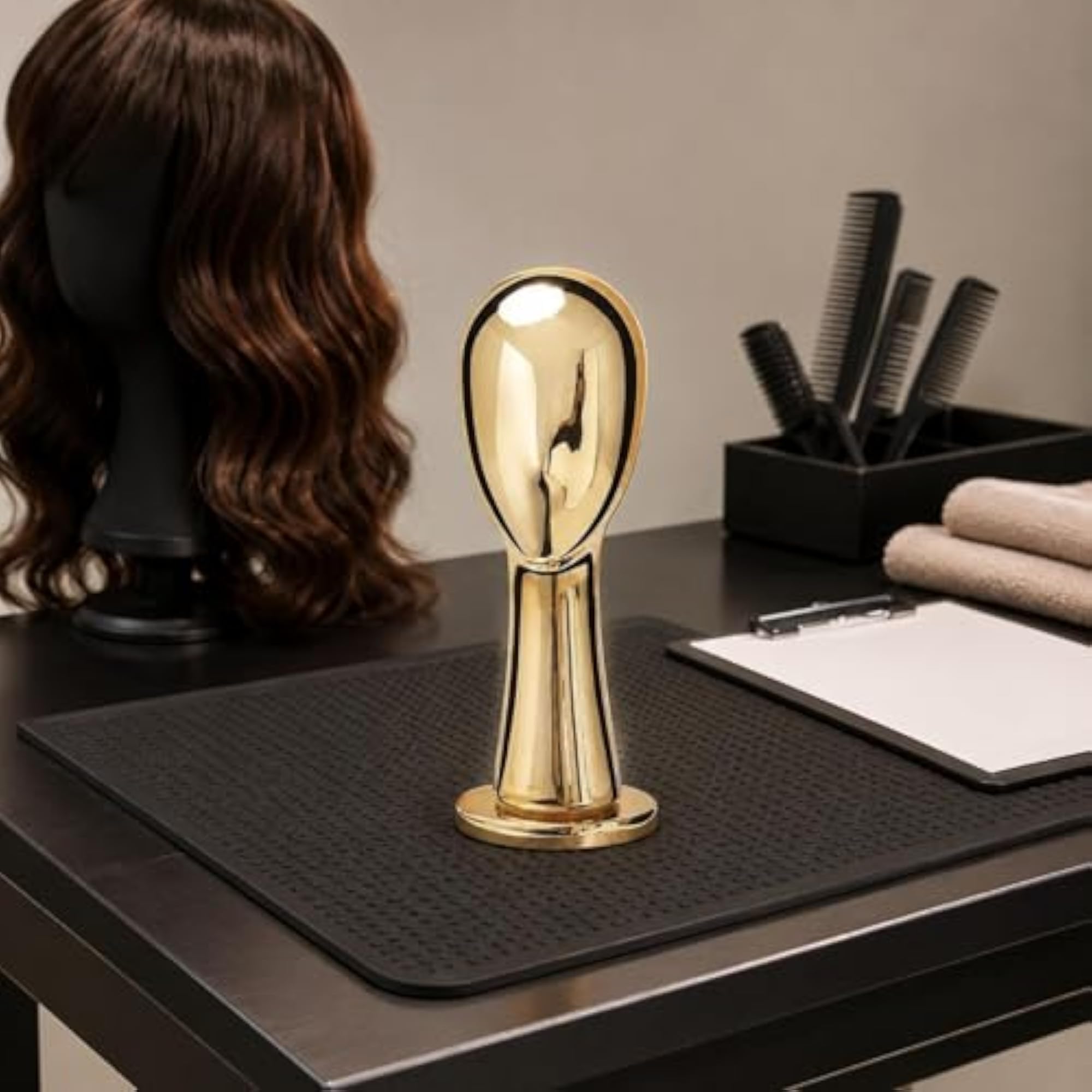 Reflective Metal Hairpiece Head Stand, Gold