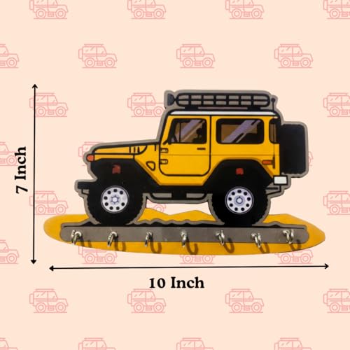 Image of Jeep Key Holder for Wall - Yellow Off‑Road Car Wooden Key Hanger with 7 Metal Hooks - MDF Wall Mounted Key Stand & Entryway Organizer for Kids Room and Home Decor Gift