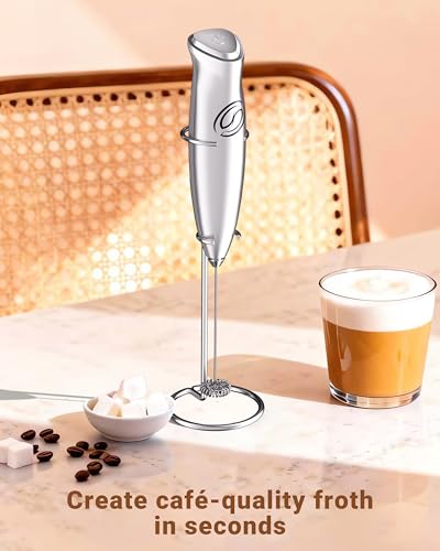 Image of Milk Frother With Stand Handheld Frother Wand Drink Mixer Handheld Coffee Stirrers Electric Frother for Coffee Mixer Wand with 2 Whisk frother for protein powder-Silver