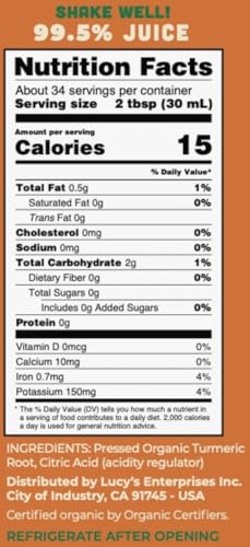Lucy’s Family Owned - FIJI TURMERIC Organic NonGMO 99% Pure Turmeric Juice, 34 oz. Glass Bottle (Made From Fresh Pressed)