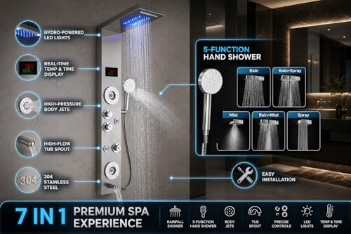 Image of B Backline Shower Panel 7 in 1 With 5 Function Handshower | Multifunction Shower System With LED Rainfall Shower, Hot & Cold Water Adjustable, Massage Spray & Water Spout