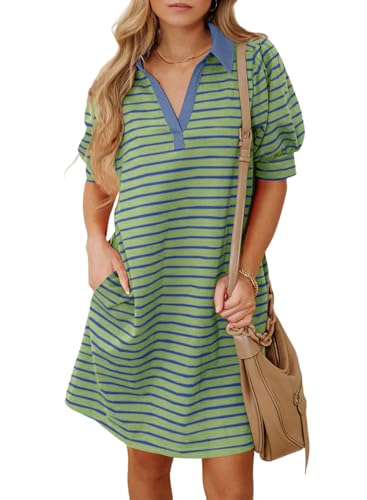 BLENCOT Women's Casual Polo V Neck T Shirt Striped Dress Summer Loose Fit Puff Short Sleeve MIdi Dresses with Pockets Green S