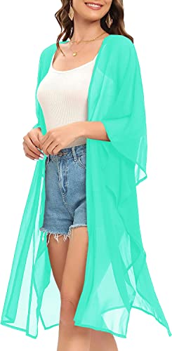 Image of Indian Trendy Women's Solid Puff Sleeve Kimono Long Cardigan Loose Cover Up Casual Blouse Top Chiffon