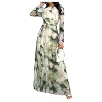 Floerns Women's Long Sleeve Dress Tie Dye Ruched Bell Sleeve Flowy Maxi Dress,Green,Large