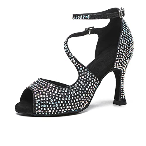 RUYBOZRY Zapatos de Baile Latino para Mujer con Diamantes de Imitación para Salón de Baile Zapatos de Baile Salsa Bachata,YCL522-Black-8.5,EU37 Cover