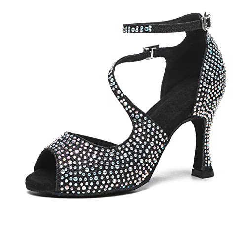 RUYBOZRY Zapatos de Baile Latino para Mujer con Diamantes de Imitación para Salón de Baile Zapatos de Baile Salsa Bachata,YCL522-Black-8.5,EU37