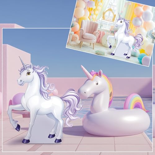Image of Geelin 4.9 Feet Unicorn Cardboard Standup Cutout Life Size Unicorn Theme Party Decoration Backdrop Photo Prop Stand Up for Theme Birthday Baby Shower Wedding Party Decor
