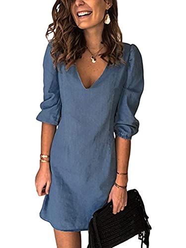 ORANDESIGNE Damen Jeanskleid V-Ausschnitt 3/4 Ärmel Jeans Kleider Einfarbig A-Linie Kleid Mini Denimkleid Partykleid Strandkleider A Dunkelblau L