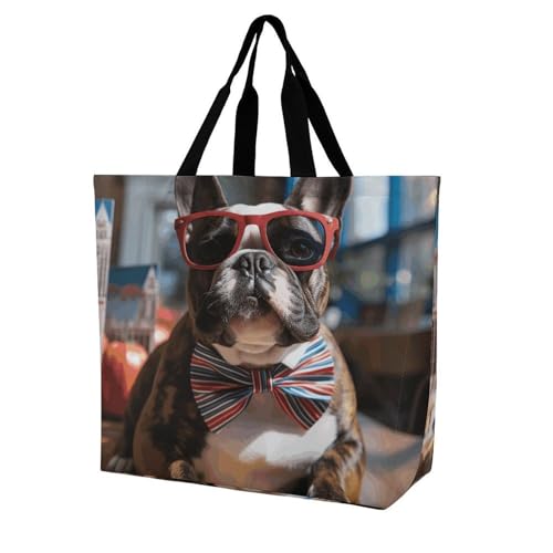 Bolsa De Hombro Para La Compra Bulldog Francés Con Gafas De Sol Bolsa De La Compra Mujere Bolsas Tote Bag Resistente Bolso Tote Para Regalo Útil Viaje Trabajar