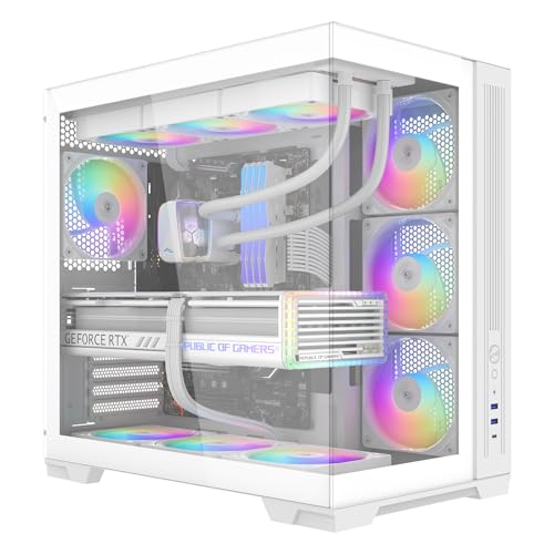 Image of SAMA V52 ATX Mid Tower PC Case, Dual-Chamber Panoramic Tempered Glass Gaming Case, Back-Connect ATX Support, Type-C USB 3.2, Supports 420mm GPU & 360mm Radiator, 7 ARGB PWM Fans Included, White