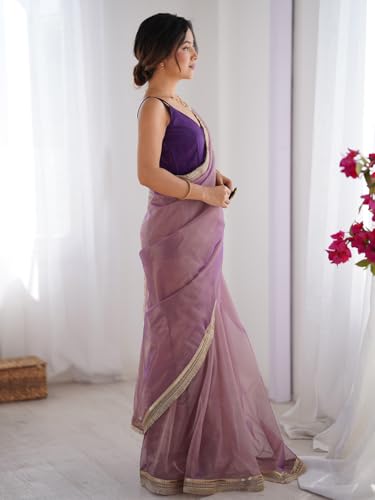 Image of AKHILAM Women's Shimmer Net Solid Saree With Unstitched Blouse Piece