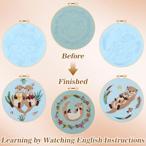 Image of Mindsoft 3 Set Needlepoint Kit for Beginners with Hoop,Otter | Bamboo Hoop Thread Needles Instructions, Easy Hand Embroidery for Beginners Home Crafts,Pre-stamped Funny Cute Designs