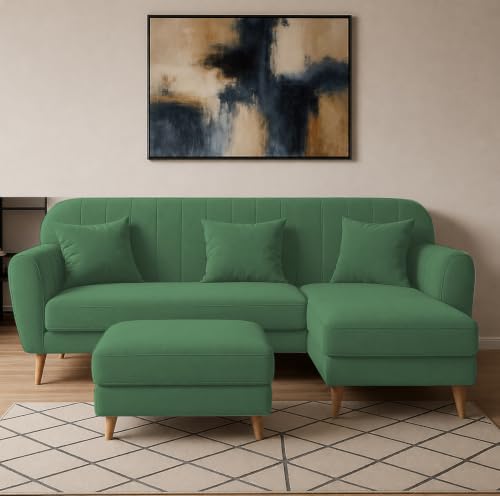 Image of Atticus RHS 4 Seater L Shape Sofa Set with Ottoman for Living Room (Green Fabric) Premium Fabric Sofa Set