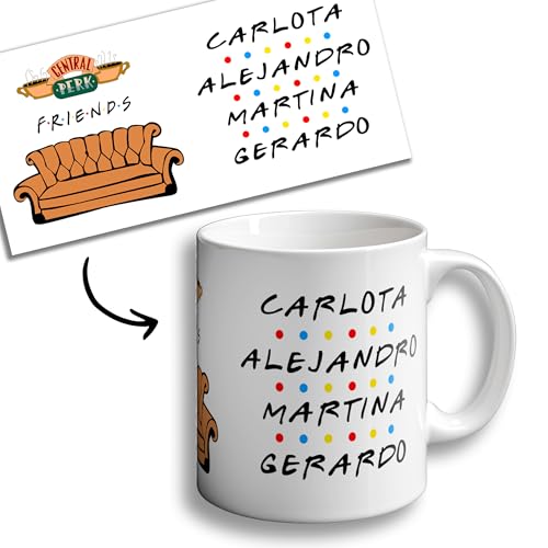 OOPS Caneca Friends personalizada com nomes - canecas originais para oferecer - presentes Frikis - Mug cerâmica. 330 ml. (Sofá com nomes)