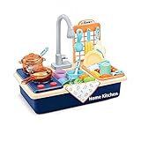 Accesorios ricos: nuestro lavavajillas simulado viene con juguetes para fregadero, pedestales, grifos eléctricos, soportes para platos, limpiadores de juegos, vasos de plástico, cepillos de plástico, cuchillos de plástico, cucharas, tenedores, paños de cocina, esponjas y comida para juegos (requiere 3 pilas AA que se comprarán por separado).
