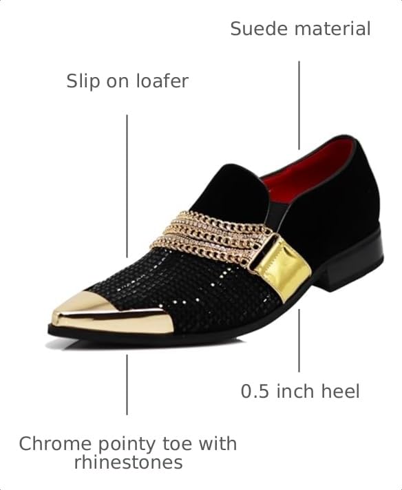 Image of Enzo Romeo Crisino Men Rhinestone Chrome Toe Suede Pointy Buckle Dress Loafer Slip On Shoes