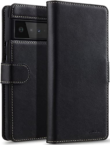 STILGUT Case Compatible with Google Pixel 6 Pro Case with Magnetic Clasp Genuine Leather Nappa Black, Black Nappa