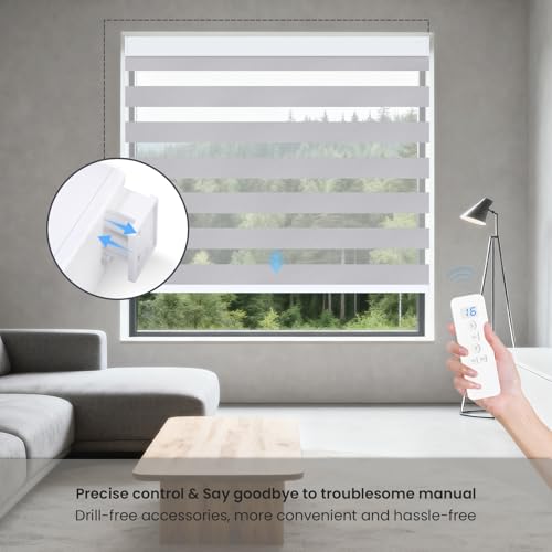 Image of No Drill Motorized Blinds with Remote,75% Blackout Electric Zebra Shades Light Filtering, Dual Layer Smart Automatic Zebra Blinds for Indoor Windows,Compatible with Alexa,Google,Gray,Custom Sizes