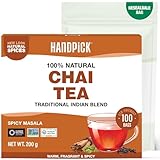 HANDPICK Masala Chai Tea Bags from India (100 Count) Strong Robust & Aromatic - Cinnamon Black Pepper Cloves & Cardamom - Premium Quality Eco-conscious Round Bags