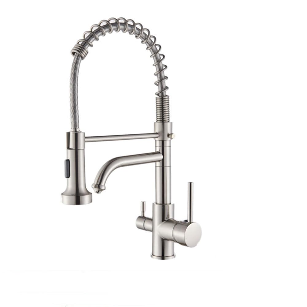MXXQRHF Nickel Chrome Kitchen Sink Faucet Purified Free Rotation Hot Cold Mixer Dual Handle Tap Deck Mount Spring Drink Faucets,Brushed Nickel