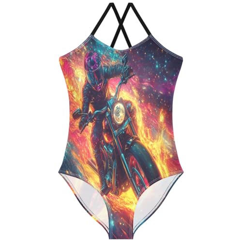 Pigsaly Girls One Piece Swimsuits Motorcycle Galaxy Colored Kids Cross Back Swimwear Toddler Beach Sport Bathing Suit 3T